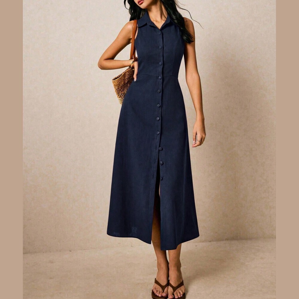 Navy Blue Button Front Collared Sleeveless Maxi Shirt Dress